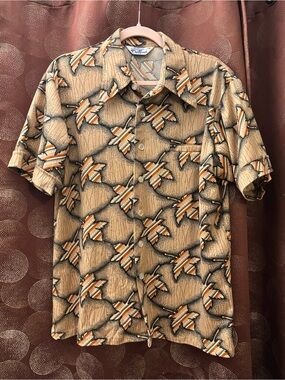 Vintage Beige Palm Print Short Sleeve Shirt